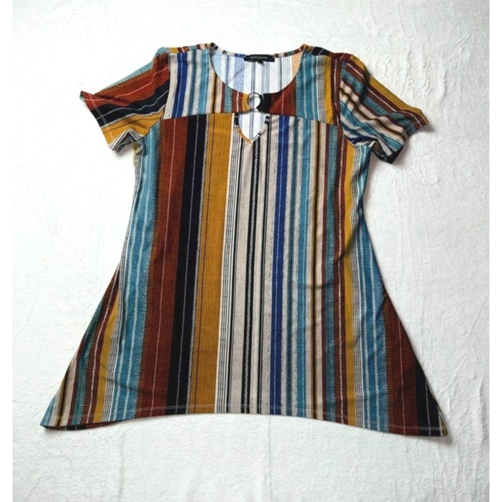 Ellen Weaver Size M Striped V Neck Ring Detail A Line Tunic Top Retro‎ Artsy